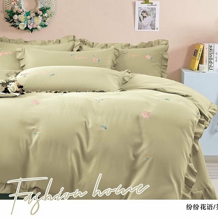 91家纺网 家纺一手货源 找家纺 优纤家纺 2024新款亲肤舒适四件套-缤纷花语 缤纷花语-芥末绿