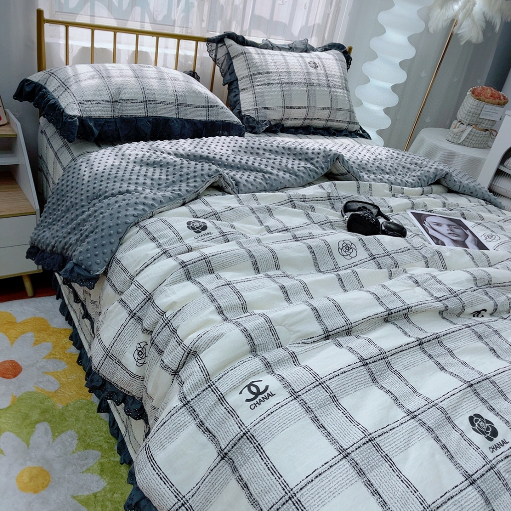 91家纺网 家纺一手货源 找家纺 暖居 2024暖居韩版纯棉豆豆被高温砂洗床盖四件套同款全棉被套小香格子