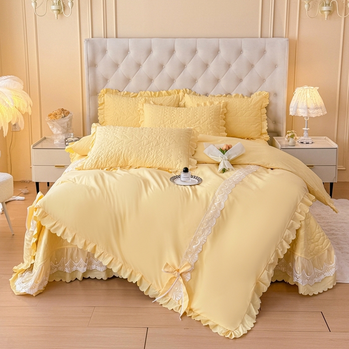 91家纺网 家纺一手货源 找家纺 金米诺 2024新款水洗磨毛床盖四件套 奶黄