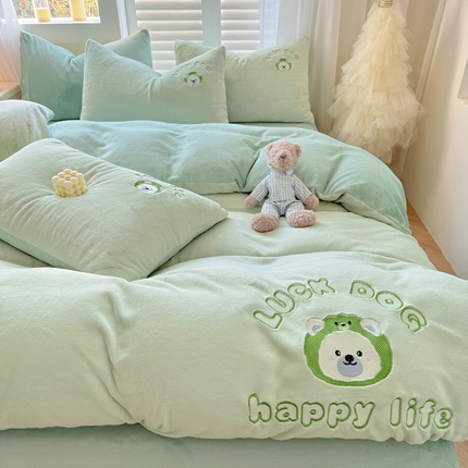 梦舒羽 2025新款高克重小清新牛奶绒四件套冬季法莱绒珊瑚绒-刺绣小狗系列（风格一） 小萨摩-青提香草绿