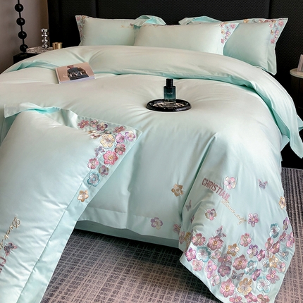 91家纺网 家纺一手货源 找家纺 丞音 2024新款A类超细旦长绒棉加厚超柔磨毛四件套-花瑾系列 花瑾-心冰绿