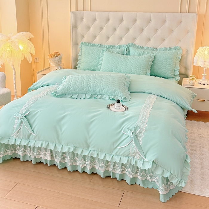 91家纺网 家纺一手货源 找家纺 金米诺 2024新款水洗磨毛床盖四件套 浅绿