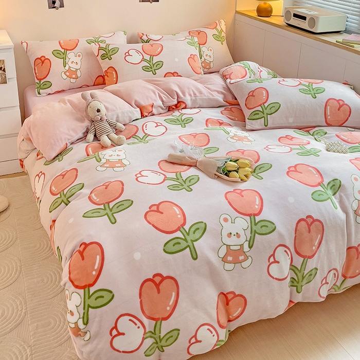 91家纺网 家纺一手货源 找家纺 西引力 2024新款加厚小清新牛奶绒四件套床单款床笠款单被套爆款 幸运兔