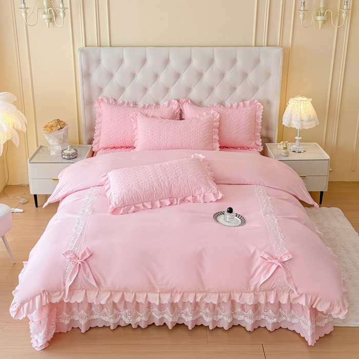 91家纺网 家纺一手货源 找家纺 金米诺 2024新款水洗磨毛床盖四件套 粉色