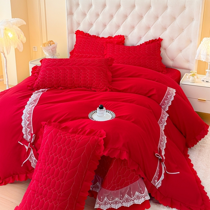 91家纺网 家纺一手货源 找家纺 金米诺 2024新款水洗磨毛床盖四件套 大红