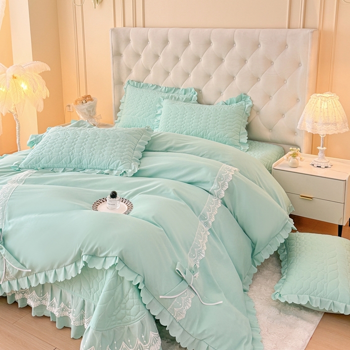 91家纺网 家纺一手货源 找家纺 金米诺 2024新款水洗磨毛床盖四件套 浅绿