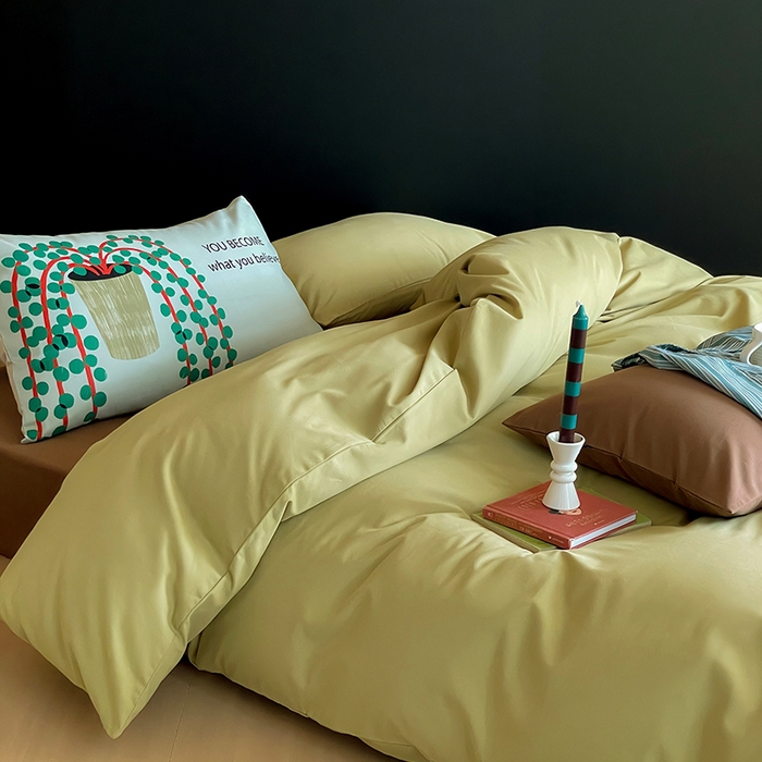 91家纺网 家纺一手货源 找家纺 圆岛家纺 2024秋冬新款纯色孟菲斯博主风时尚全棉磨毛五件套 尼罗绿拼深咖