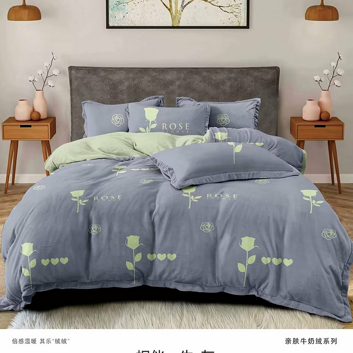 91家纺网 家纺一手货源 找家纺 优纤家纺 2024新款加厚保暖牛奶绒印花四件套 相伴一生-灰