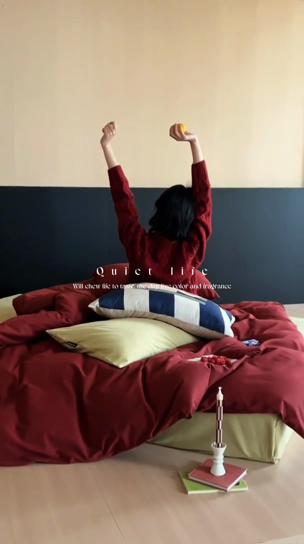 91家纺网 家纺一手货源 找家纺 圆岛家纺 2024秋冬新款纯色孟菲斯博主风时尚全棉磨毛五件套 洛可红拼尼罗绿