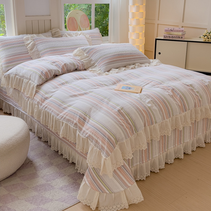 91家纺网 家纺一手货源 找家纺 久典家居 2024新款A类法式全棉色织水洗棉床盖四件套 沐妍粉