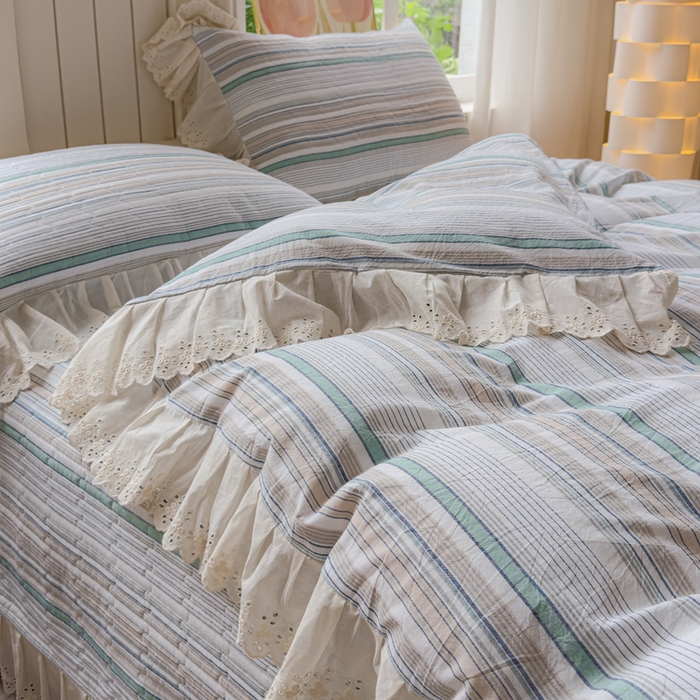 91家纺网 家纺一手货源 找家纺 久典家居 2024新款A类法式全棉色织水洗棉床盖四件套 沐妍绿