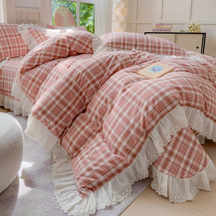 91家纺网 家纺一手货源 找家纺 久典家居 2024新款A类法式全棉色织水洗棉床盖四件套 可可粉