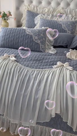 91家纺网 家纺一手货源 找家纺 罗艺轩 2024新款高克重牛奶雪纺边床裙四件套-羽蝶 高级灰