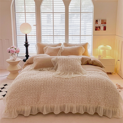 91家纺网 家纺一手货源 找家纺 庭笙 新款高克重绒类法式复古小香风四件套-浪漫的约定 奶茶