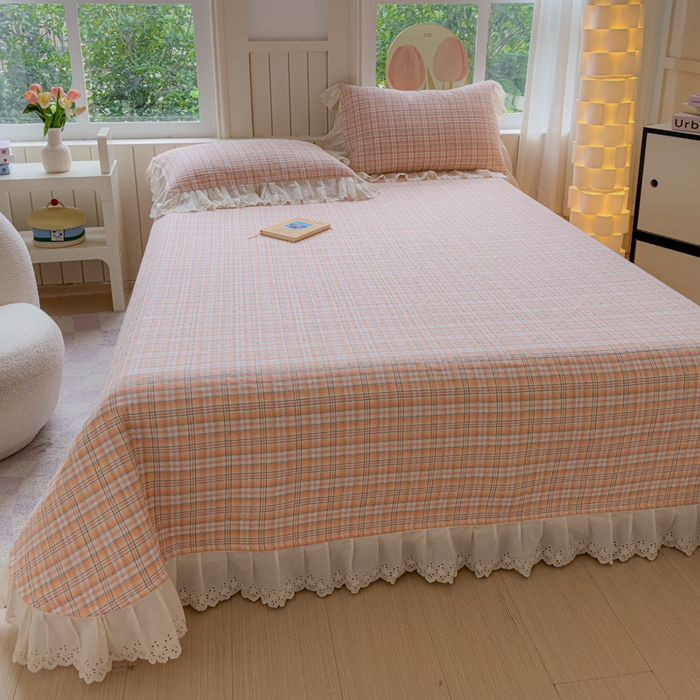 91家纺网 家纺一手货源 找家纺 久典家居 2024新款A类法式全棉色织水洗棉单床盖 可可桔