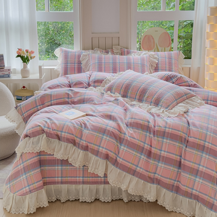 91家纺网 家纺一手货源 找家纺 久典家居 2024新款A类法式全棉色织水洗棉床盖四件套 昭华粉