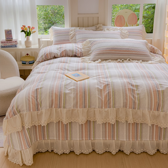 91家纺网 家纺一手货源 找家纺 久典家居 2024新款A类法式全棉色织水洗棉床盖四件套 沐妍粉