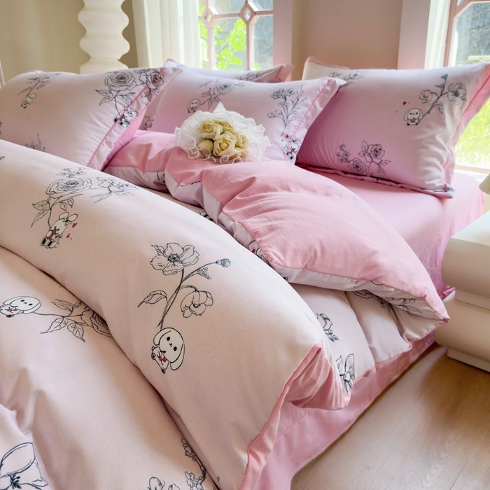 91家纺网 家纺一手货源 找家纺 禧多家纺 2024新款亲肤云锦棉四件套 卡拉-粉