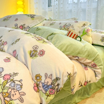 富之航家纺 2024小清新四件套被套牛奶绒四件套法莱绒水晶绒法兰绒兔毛绒兔绒金貂绒雕花绒彼得兔