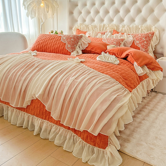 91家纺网 家纺一手货源 找家纺 （总）罗艺轩 2024新款高克重牛奶雪纺边床裙四件套-羽蝶