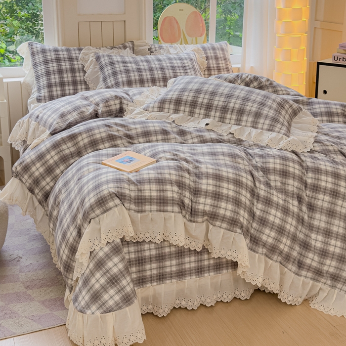 91家纺网 家纺一手货源 找家纺 久典家居 2024新款A类法式全棉色织水洗棉床盖四件套 可可灰