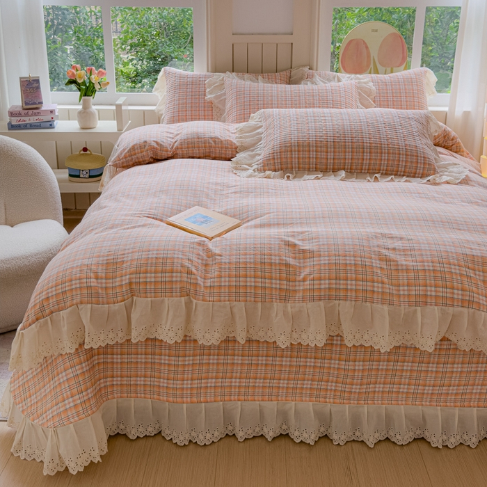 91家纺网 家纺一手货源 找家纺 久典家居 2024新款A类法式全棉色织水洗棉床盖四件套 可可桔