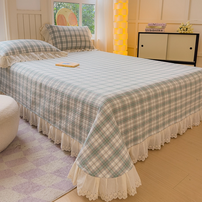 91家纺网 家纺一手货源 找家纺 久典家居 2024新款A类法式全棉色织水洗棉单床盖 可可绿