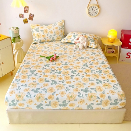 91家纺网 家纺一手货源 找家纺 大柏树 2025新款A类高克重亲肤舒适牛奶绒印花四件套-单床笠可定制 朵柔-黄