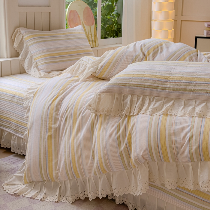 91家纺网 家纺一手货源 找家纺 久典家居 2024新款A类法式全棉色织水洗棉床盖四件套 沐妍黄