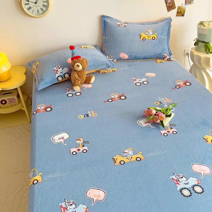 91家纺网 家纺一手货源 找家纺 大柏树 2025新款A类高克重亲肤舒适牛奶绒印花四件套-单床单可定制 精灵乐园-蓝