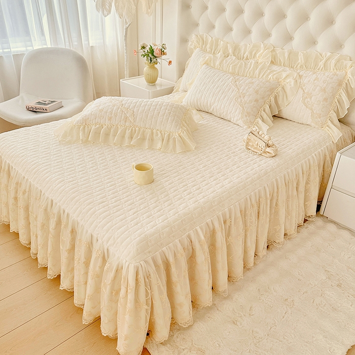 91家纺网 家纺一手货源 找家纺 罗艺轩 2024新款高克重牛奶雪纺边床裙三件套-羽蝶 奶昔