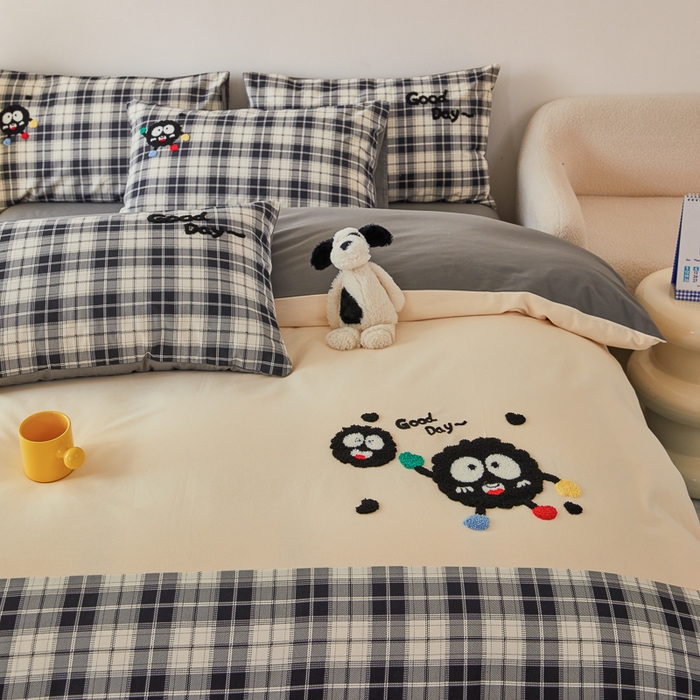 91家纺网 家纺一手货源 找家纺 怡家居 2024秋冬新款全棉磨毛绣花四件套 幸运小煤球