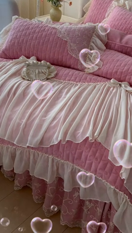 91家纺网 家纺一手货源 找家纺 罗艺轩 2024新款高克重牛奶雪纺边床裙四件套-羽蝶 少女粉