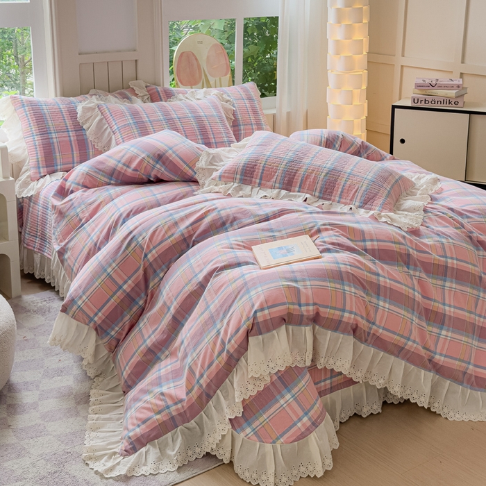 91家纺网 家纺一手货源 找家纺 久典家居 2024新款A类法式全棉色织水洗棉床盖四件套 昭华粉