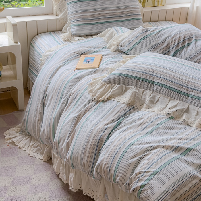 91家纺网 家纺一手货源 找家纺 久典家居 2024新款A类法式全棉色织水洗棉床盖四件套 沐妍绿