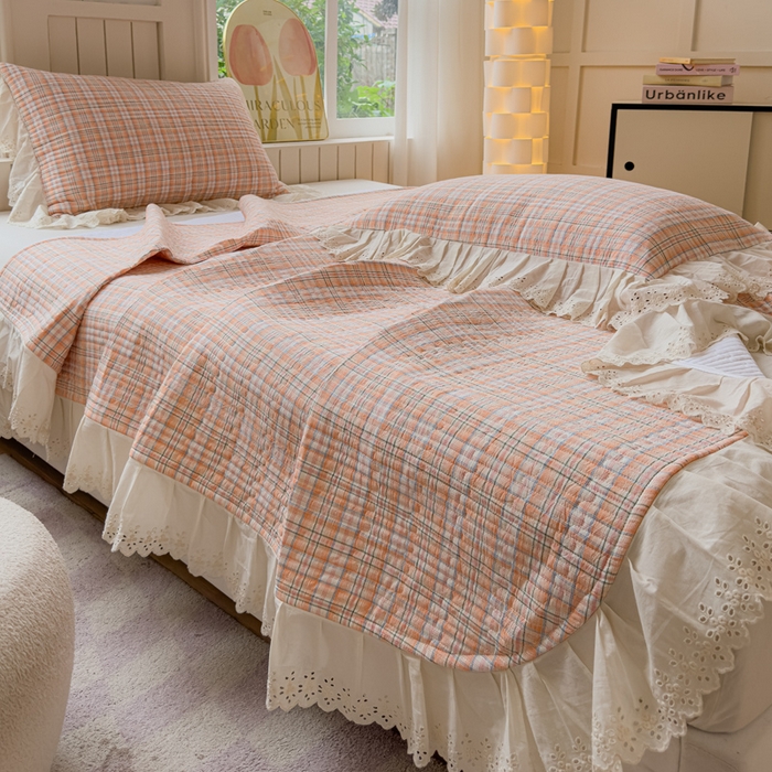 91家纺网 家纺一手货源 找家纺 久典家居 2024新款A类法式全棉色织水洗棉单床盖 可可桔