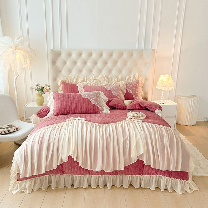 91家纺网 家纺一手货源 找家纺 罗艺轩 2024新款高克重牛奶雪纺边床裙四件套-羽蝶 豆沙红