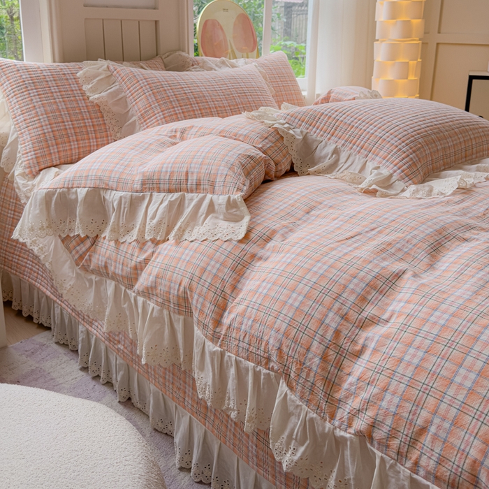 91家纺网 家纺一手货源 找家纺 久典家居 2024新款A类法式全棉色织水洗棉床盖四件套 可可桔