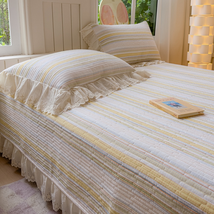 91家纺网 家纺一手货源 找家纺 久典家居 2024新款A类法式全棉色织水洗棉单床盖 沐妍黄