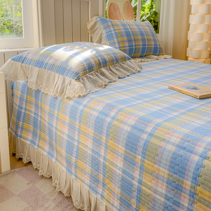 91家纺网 家纺一手货源 找家纺 久典家居 2024新款A类法式全棉色织水洗棉床盖四件套 昭华蓝