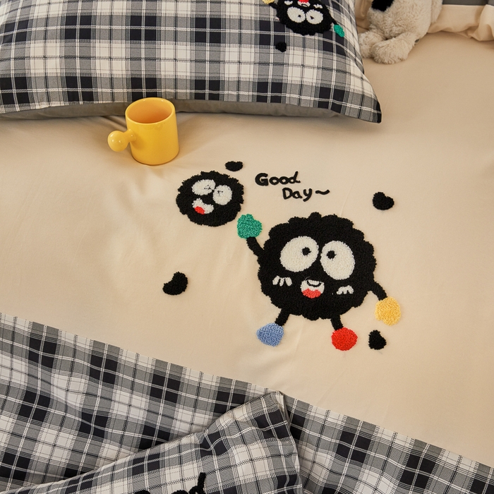 91家纺网 家纺一手货源 找家纺 怡家居 2024秋冬新款全棉磨毛绣花四件套 幸运小煤球