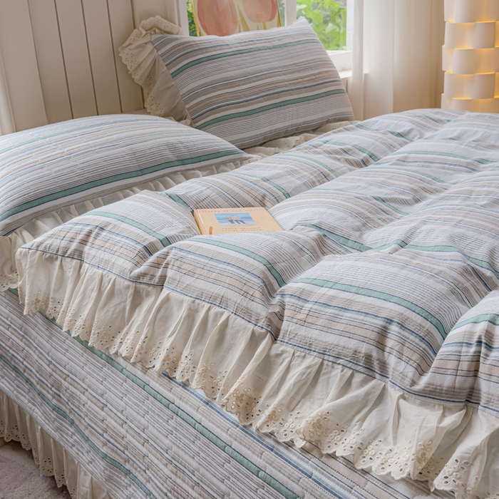 91家纺网 家纺一手货源 找家纺 久典家居 2024新款A类法式全棉色织水洗棉床盖四件套 沐妍绿