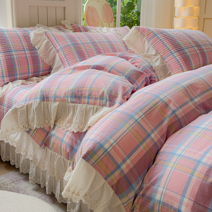 91家纺网 家纺一手货源 找家纺 久典家居 2024新款A类法式全棉色织水洗棉床盖四件套 昭华粉