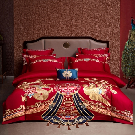 91家纺网 家纺一手货源 找家纺 （总）红番天婚庆 2025新款全棉刺绣新中式婚庆四件套多件套