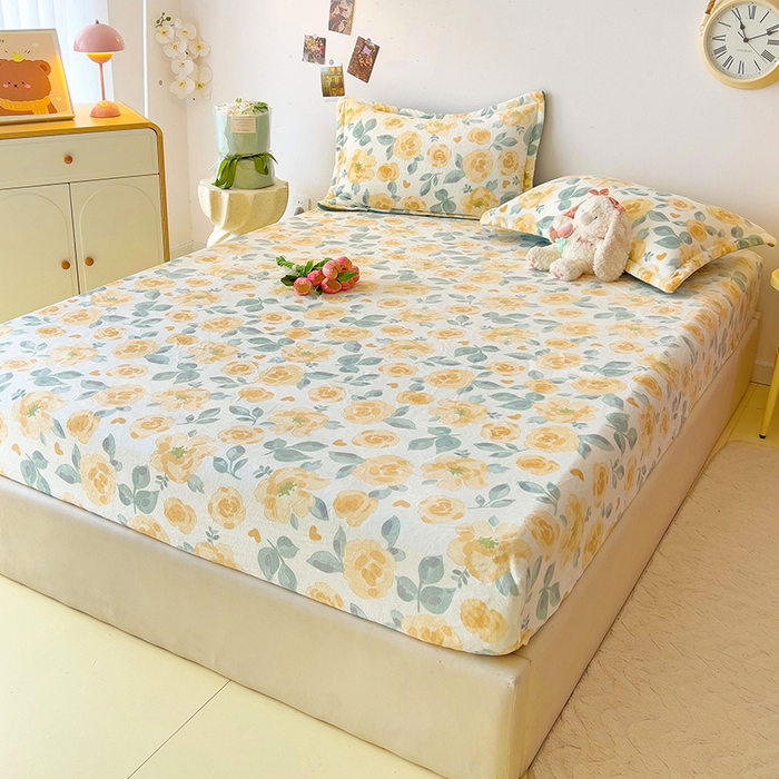 91家纺网 家纺一手货源 找家纺 大柏树 2025新款A类高克重亲肤舒适牛奶绒印花四件套-单床笠可定制 朵柔-黄