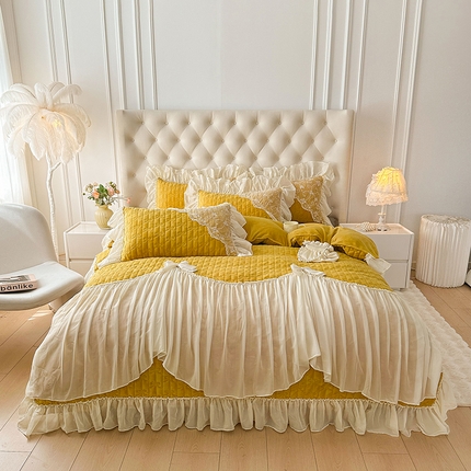 罗艺轩 2024新款高克重牛奶雪纺边床裙四件套-羽蝶 嫩黄