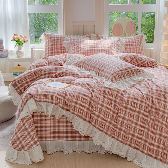 91家纺网 家纺一手货源 找家纺 久典家居 2024新款A类法式全棉色织水洗棉床盖四件套 可可粉