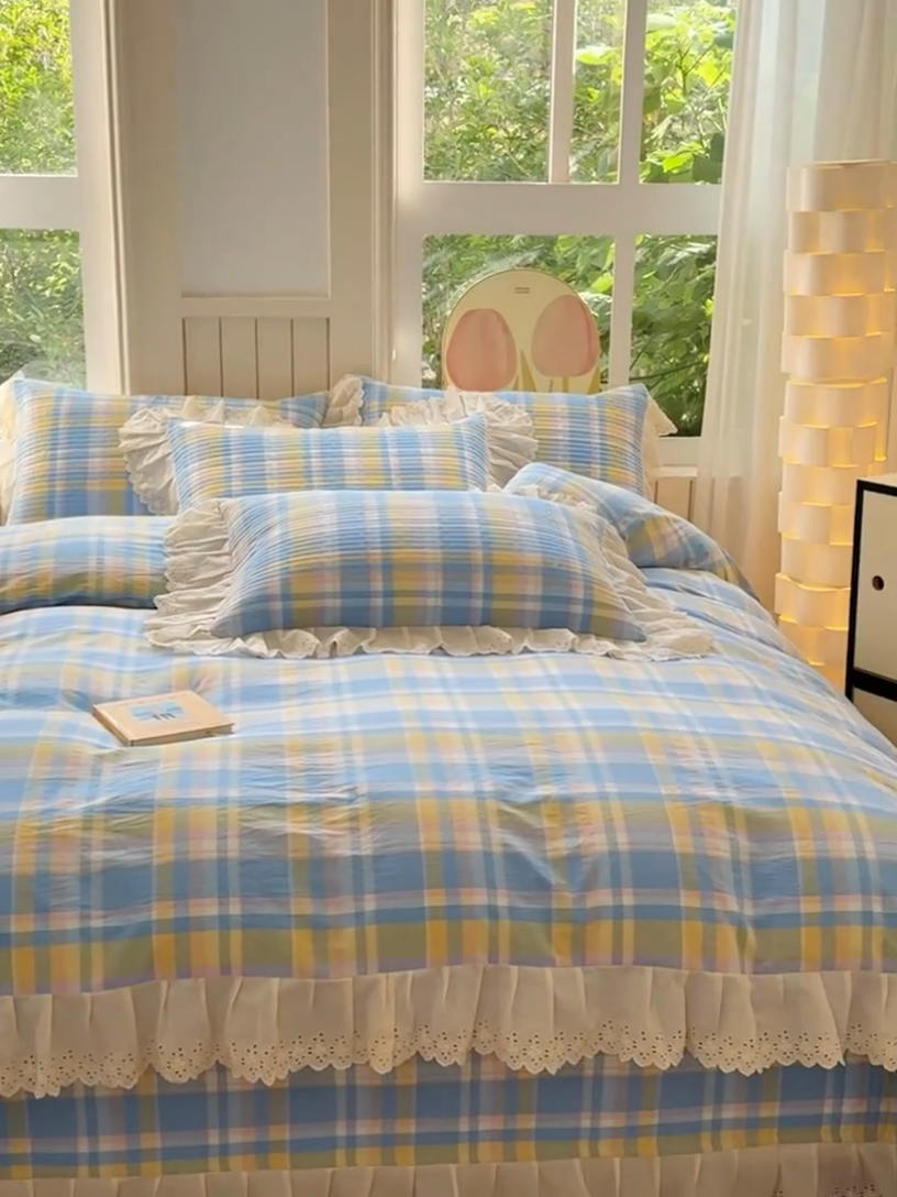 91家纺网 家纺一手货源 找家纺 久典家居 2024新款A类法式全棉色织水洗棉床盖四件套 昭华蓝