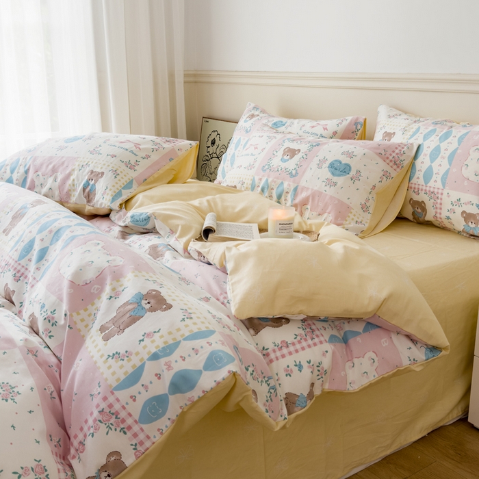 91家纺网 家纺一手货源 找家纺 2024新款印花小清新全棉四件套 芬妮小熊