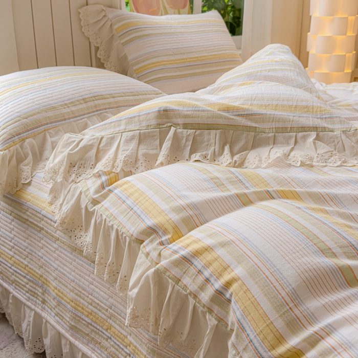 91家纺网 家纺一手货源 找家纺 久典家居 2024新款A类法式全棉色织水洗棉床盖四件套 沐妍黄